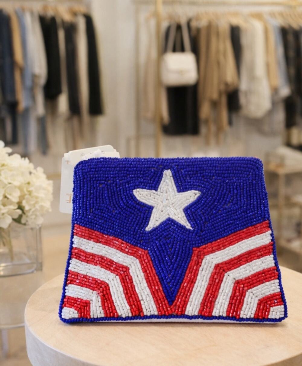 Kay Lee Red White Blue Beaded Star Coin Purse New